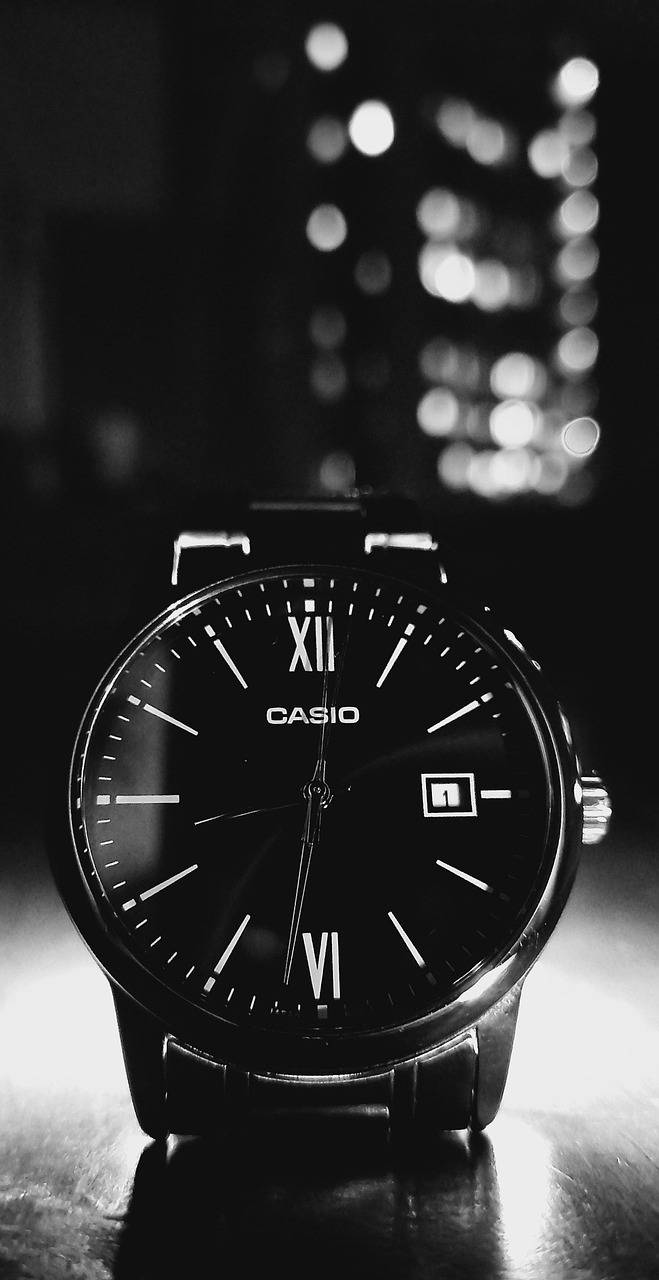 watch, time, night, building, monochrome, black and white, casio, art, light art, timepiece, watch photography